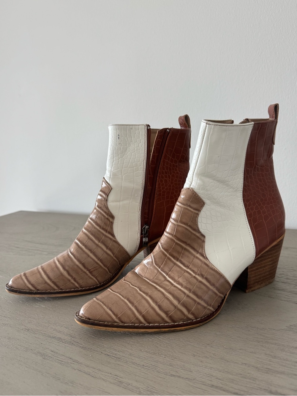 Two-Tone Brown and White Croc-Embossed Ankle Boots